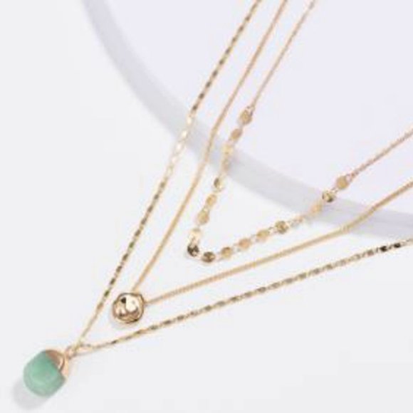 Triple Layered Gold - Green Gem Drop Necklace - Picture 5 of 6